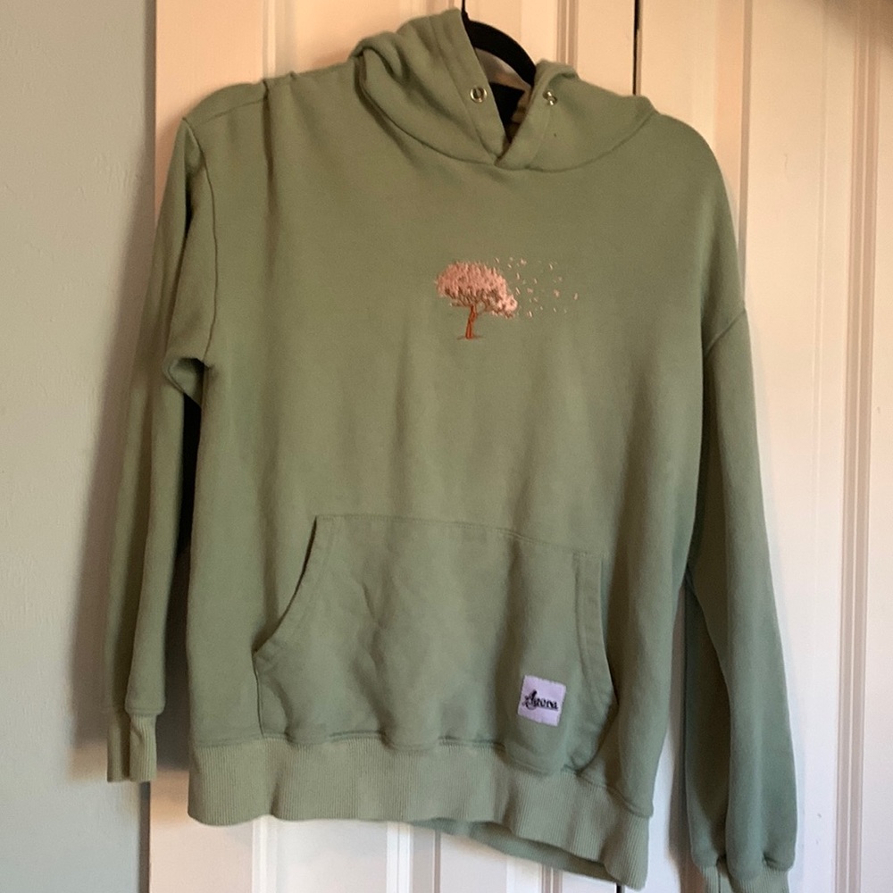 Thick sage green sweatshirt with beautiful cherry blossom tree embroidered.